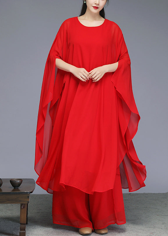 Red Maxi Dress and Wide Leg Pants Two Piece Set Batwin Sleeve