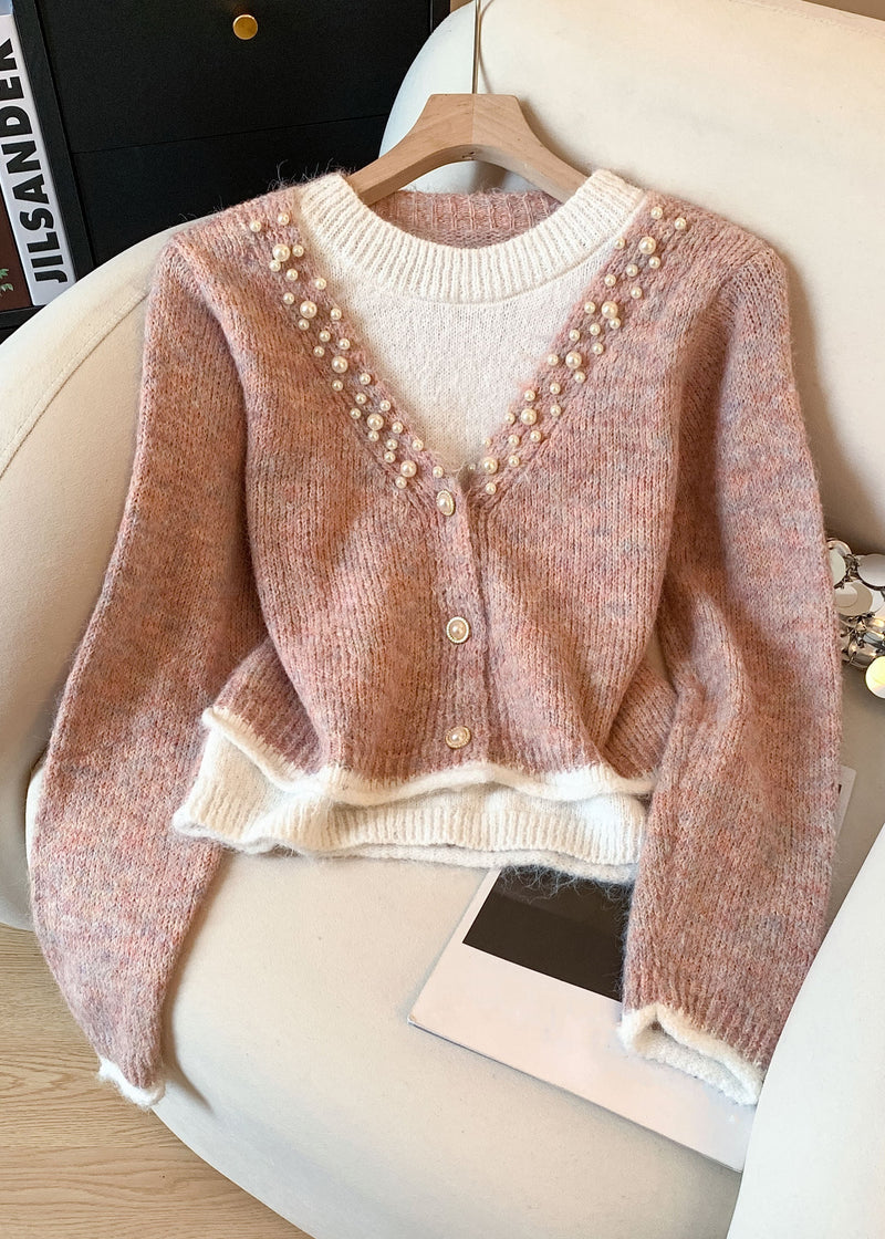 Pink False Two Pieces Patchwork Knit Sweater O-neck