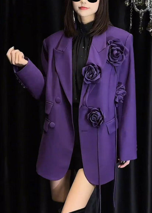 Purple Peter Pan Collar Button Spandex Coats Spring