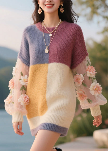Art Colorblock O Neck Tulle Knitwear Dress Fall