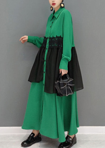 Green Button Peter Pan Collar Lace Patchwork Shirt Dress Spring