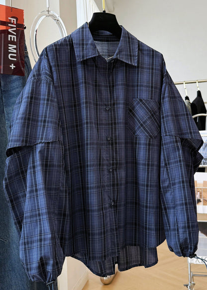Navy Peter Pan Collar Plaid Drawstring Cotton Shirt Top Fall