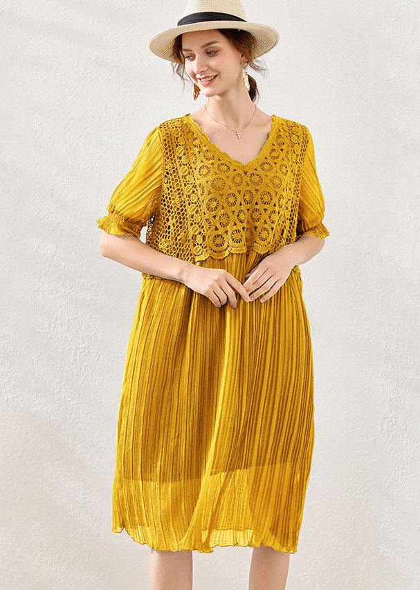 Fitted Yellow V Neck Hollow Out Spring Maxi Dress Short Sleeve