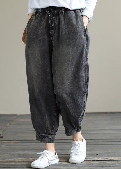 Modern Spring Wide Leg Pants Denim Gray Sewing Elastic Waist Pockets Jeans