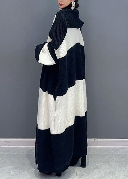 Loose White Tie Waist Pockets Patchwork Cotton Knit Long Trench Coat Spring