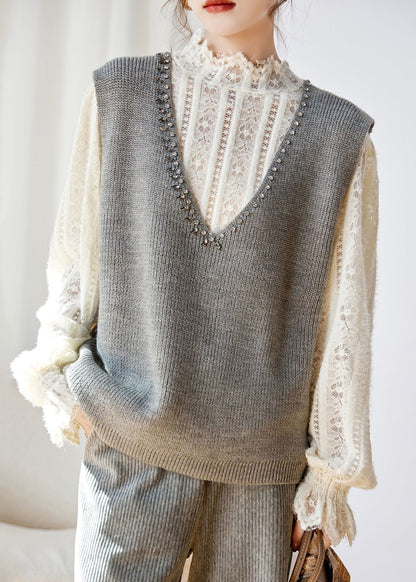 Grey V Neck Zircon Patchwork Knit Waistcoat Sleeveless