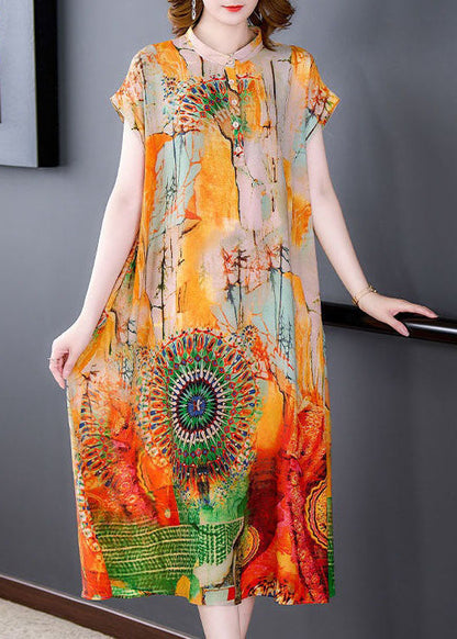 Yellow Stand Collar Print Patchwork Silk Dress Summer