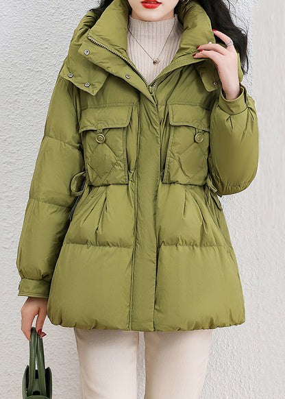 Green Hooded Pockets Patchwork Duck Down Down Coat Winter
