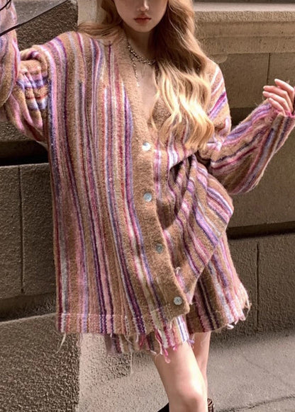 Loose Striped Button Cardigan and Shorts Cotton Knit Two Pieces Set Fall