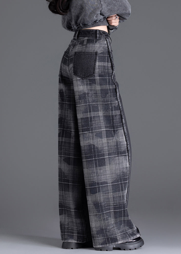 New Black Pockets Plaid Patchwork Warm Fleece Denim Pants Spring