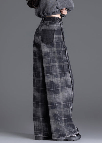 New Black Pockets Plaid Patchwork Warm Fleece Denim Pants Spring