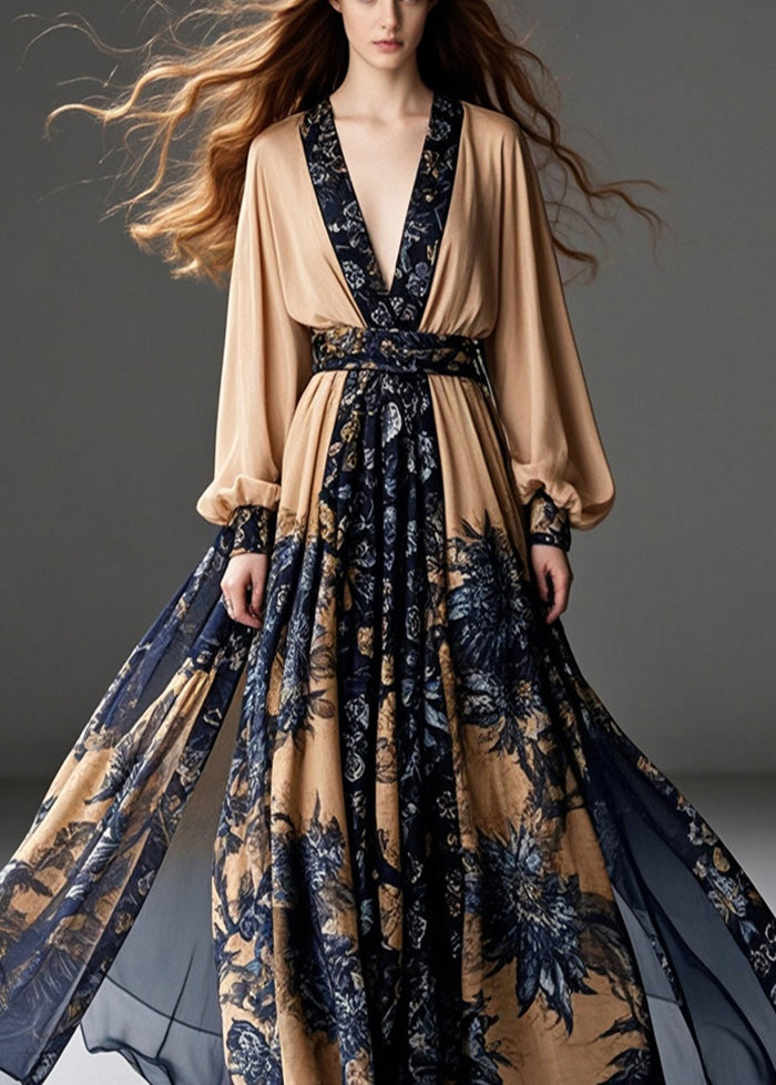 Coffee Cinched Print Chiffon Party Dress Exra Large Hem Fall