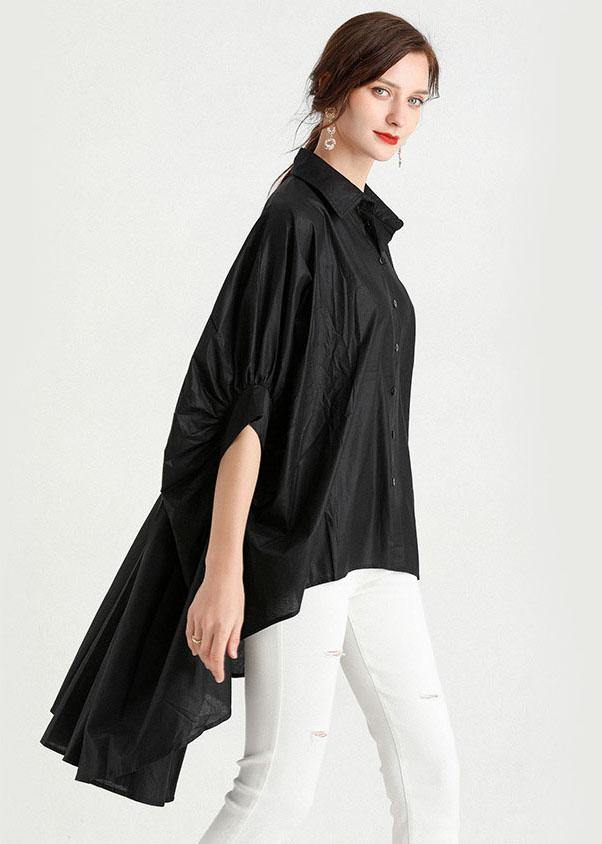Art Black Wrinkled Button Summer Cotton Shirt Half Sleeve Top