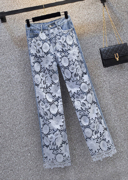 Blue Lace Patchwork High Waist Wide Leg Jeans Summer
