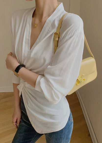 White V Neck Asymmetrical Patchwork Cotton Shirt Tops Long Sleeve