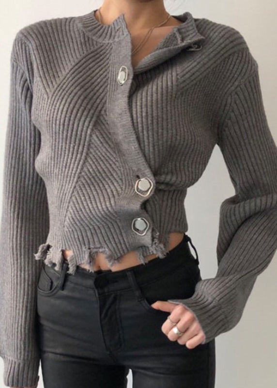 White Asymmetrical Button Patchwork Knit Sweaters Fall