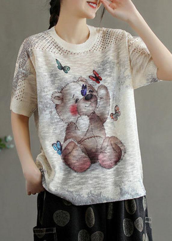Italian White O-neck Print Summer Hollow Out Short Sleeve