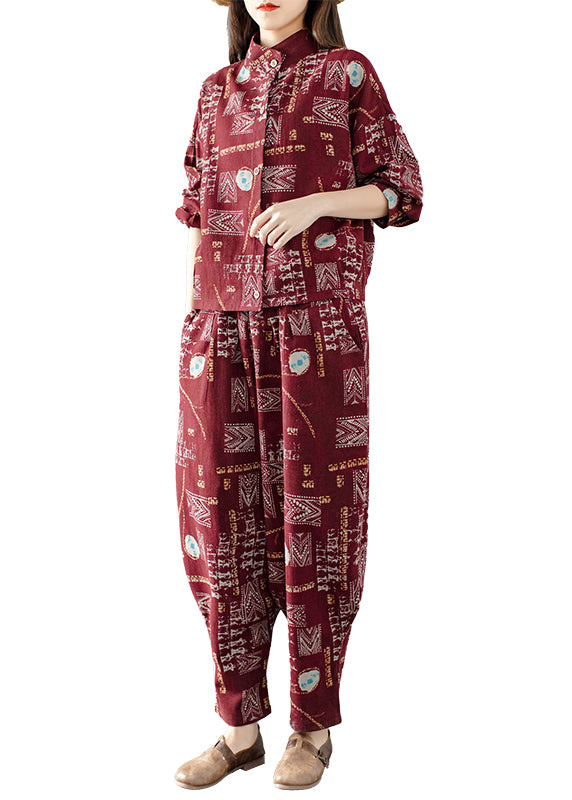 Mulberry Stand Collar Print Coats and Harem Pants Two Pieces Set Long Sleeve