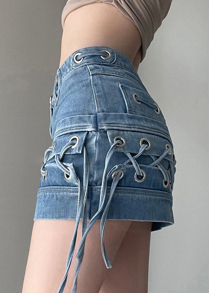 Slim Fit Blue Lace Up High Waistpatchwork Denim Skirts Summer