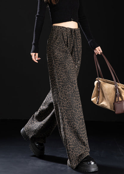 New Coffee Leopard Pockets Print Warm Fleece Denim Pants Spring