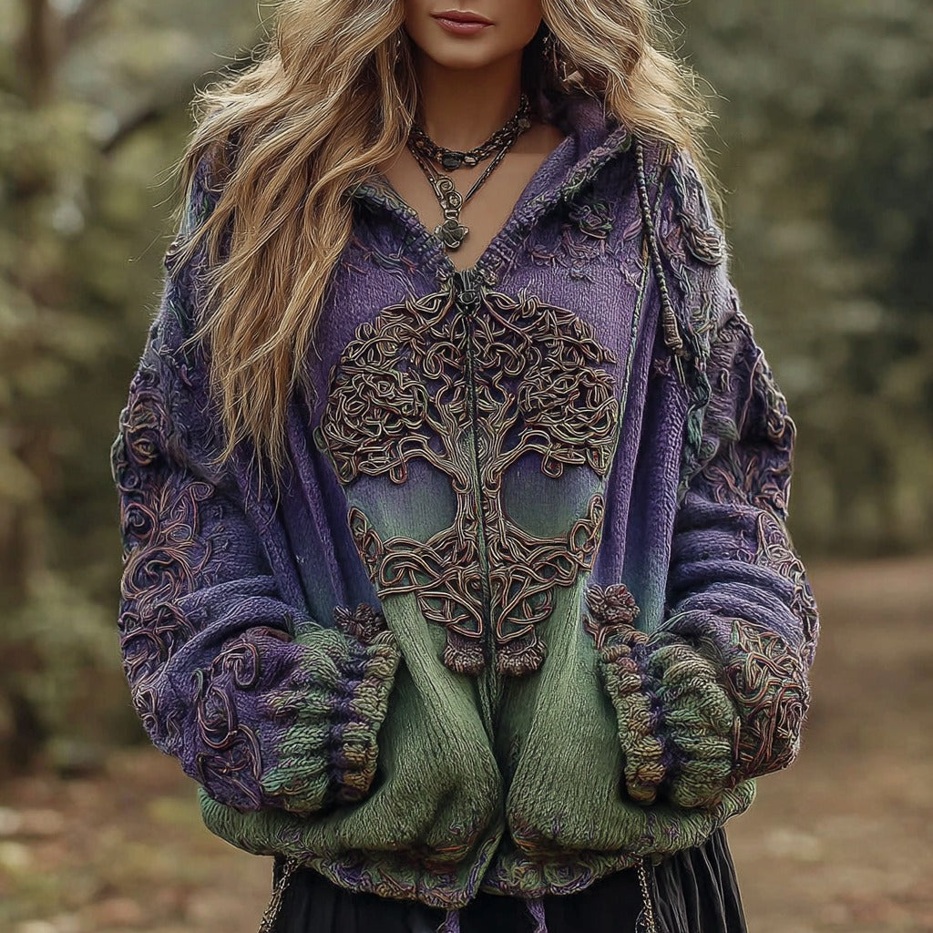Women's Vintage Viking Tree Of Life Knit Zipper Cardigan Sweater artswardrobe