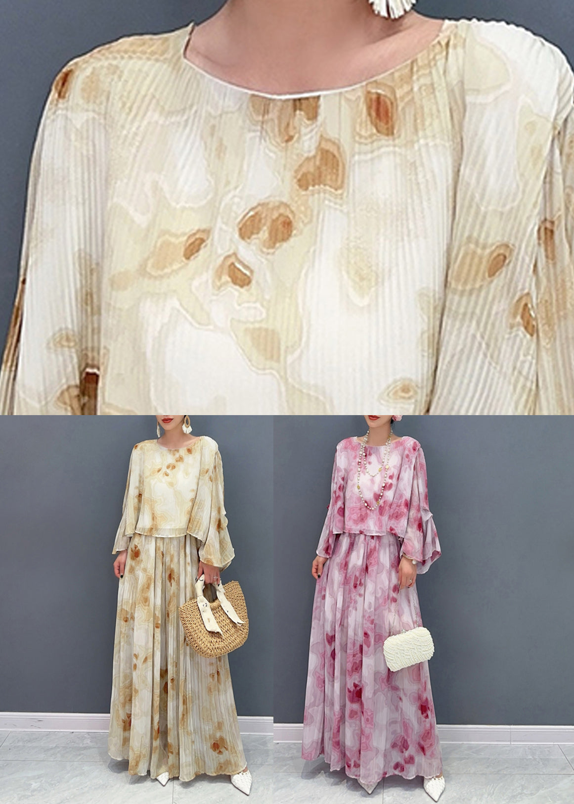 Yellow Print Chiffon Top and Maxi Skirts Two Pieces Set Flare Sleeve