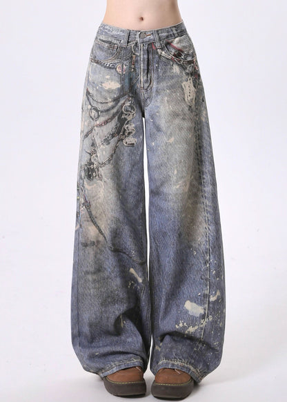 Blue Pockets Chain Print Denim Straight Pants Spring