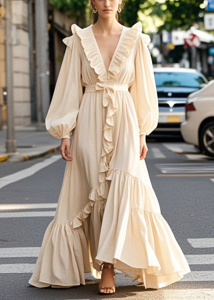 Champagne Color Ruffled Exra Large Hem Long Dress Fall