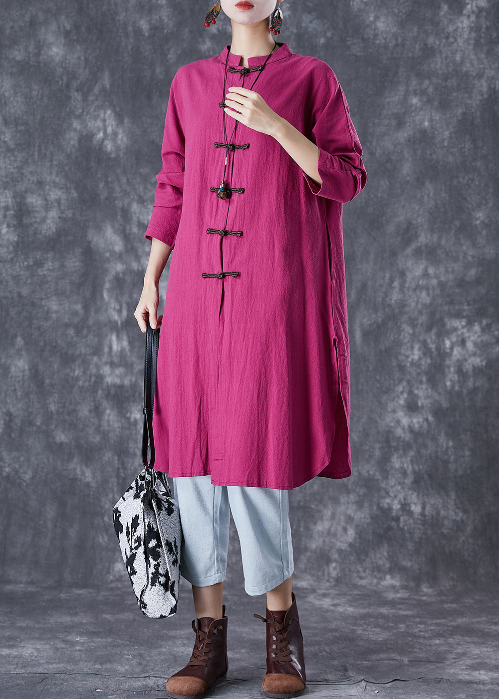 Rose Chinese Button Side Open Linen Long Shirts Fall