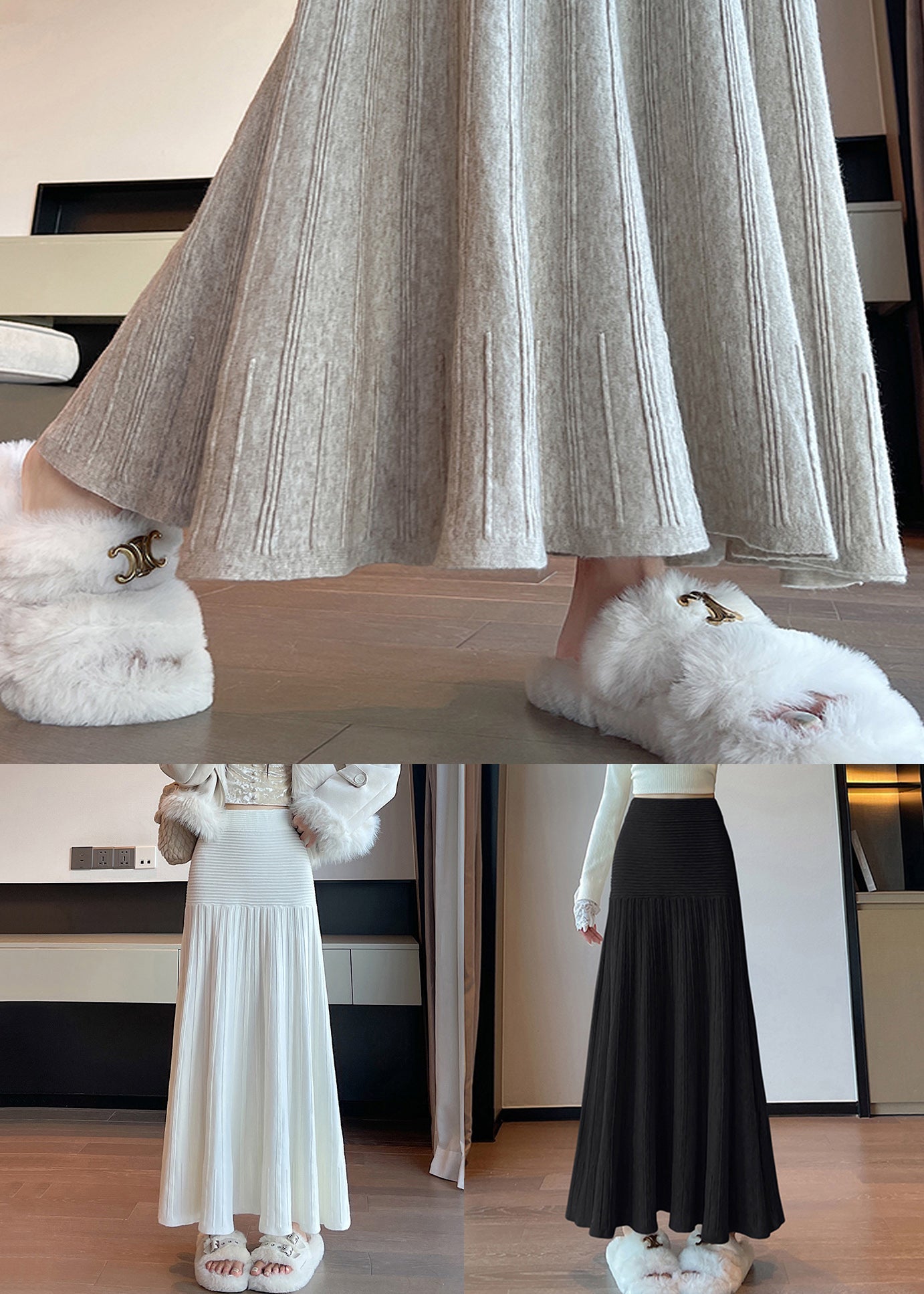 Slim Fit Apricot Striped Knit Skirt Spring