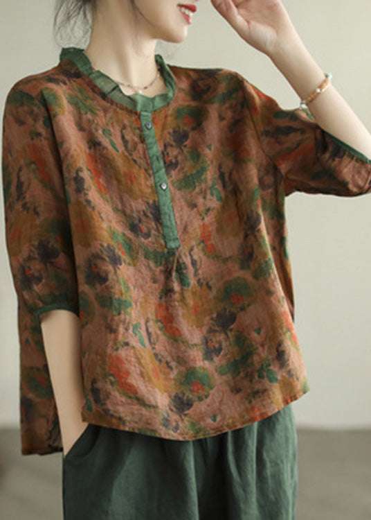 Red Ruffled Print Button Low High Design Ramie Shirt Summer