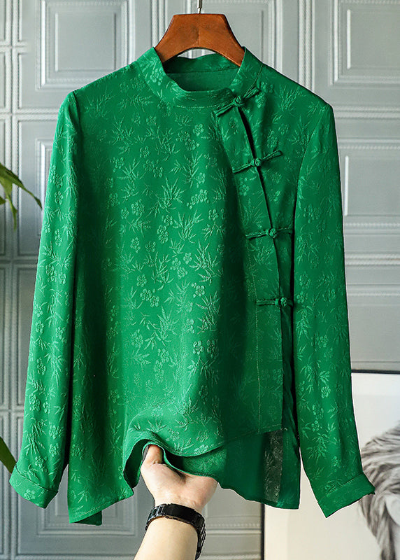 Retro Green Mandarin Collar Button Asymmetrical Design Jacquard Silk Shirts Spring