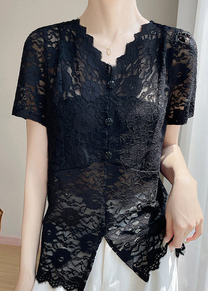 Black Hollow Out Lace Summer Shirt V Neck