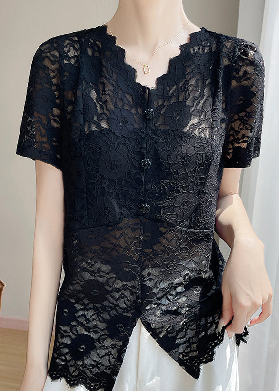 Black Hollow Out Lace Summer Shirt V Neck