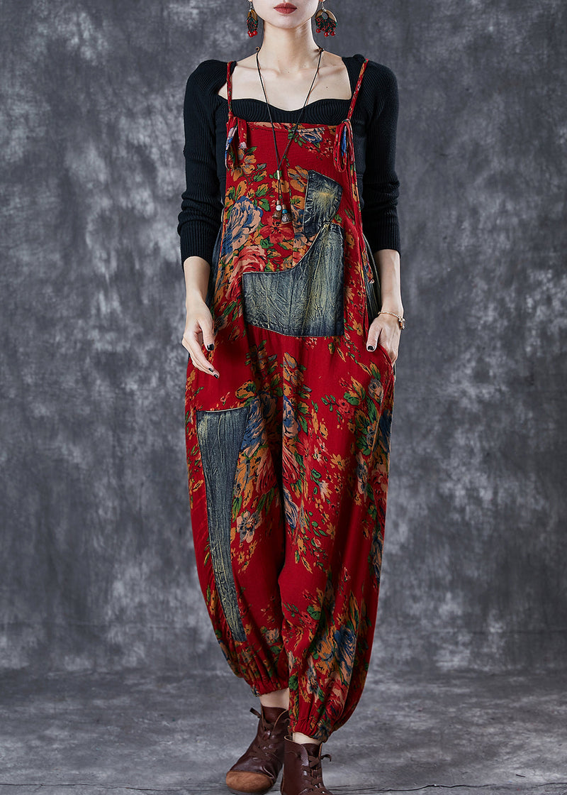 Red Asymmetrical Patchwork Cotton Overalls Jumpsuit Summer