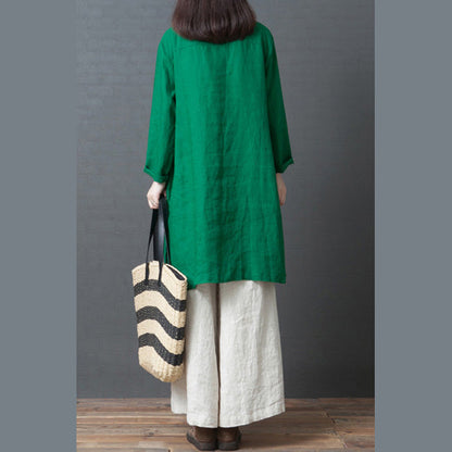 Green Linen Outfit Fabrics Chinese Button Short Side Open Dress Spring