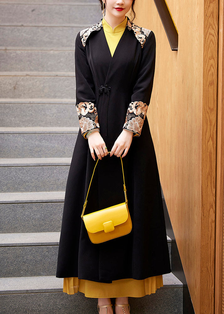 Black V Neck Embroideried Button Long Coats Fall