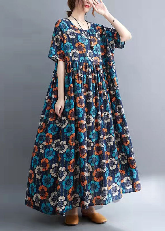 Blue O-neck Print Summer Party Dress Half Sleeve