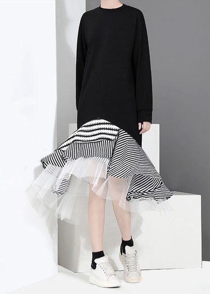 Black Tulle Patchwork Holiday Dress O-neck Ruffles Asymmetrical Spring