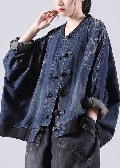 Art Blue O-neck Patchwork Bat Wing Sleeve Print Fall Coat