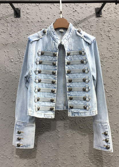 Light Blue Stand Collar Patchwork Button Jacket Fall