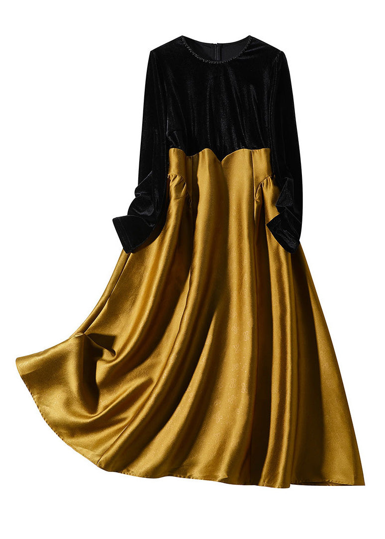 Black Patchwork Orange Velour Long Dress Spring