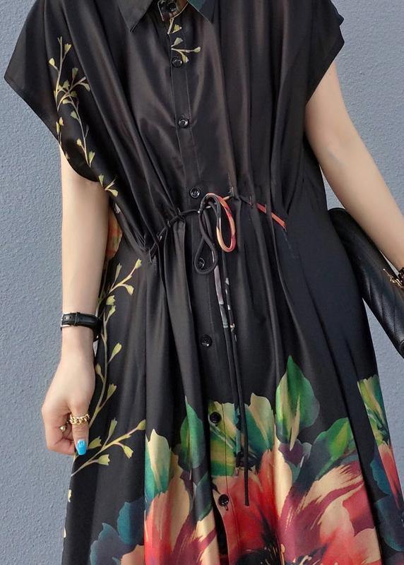 Lapel Drawstring Spring Tunic Sleeve Black Print Robe Dresses