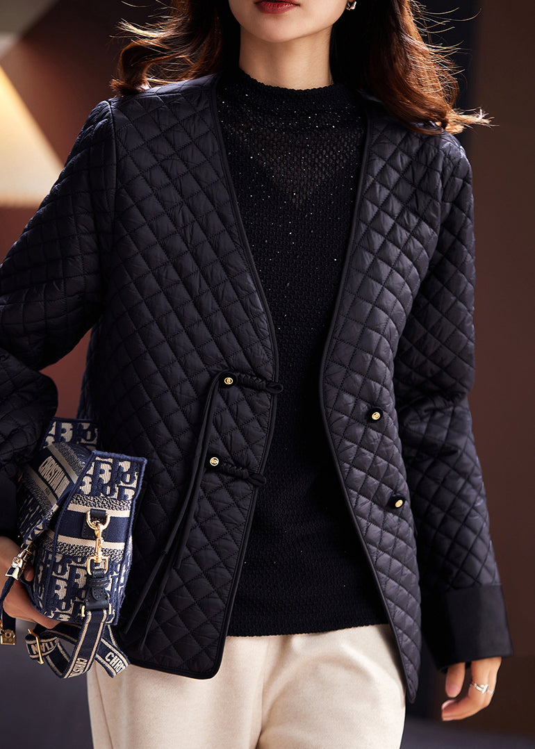 Black V Neck Button Thin Cotton Filled Coat Spring