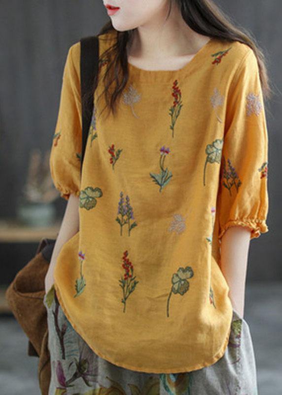 Pink Embroideried O-neck Half Sleeve Ramie Blouses Summer