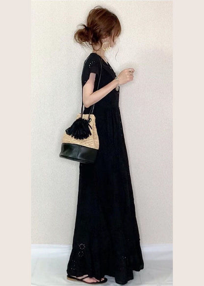 French Sky Blue V Neck Hollow Out Embroideried Cotton a Line Dress Summer