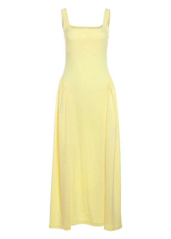Yellow Square Collar Wrinkled Patchwork Cotton Dress Summer