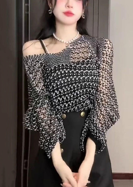 French Black Hollow Out Thin Knit Sweater Batwing Sleeve Fall