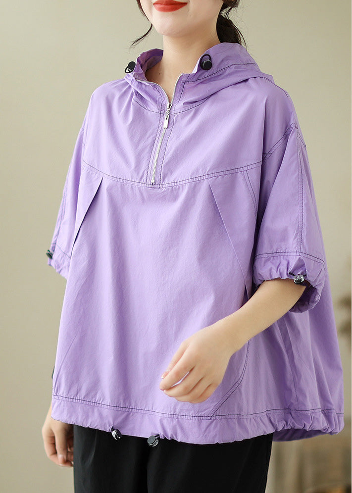 Purple Patchwork Cotton Hooded Top Short Sleeve