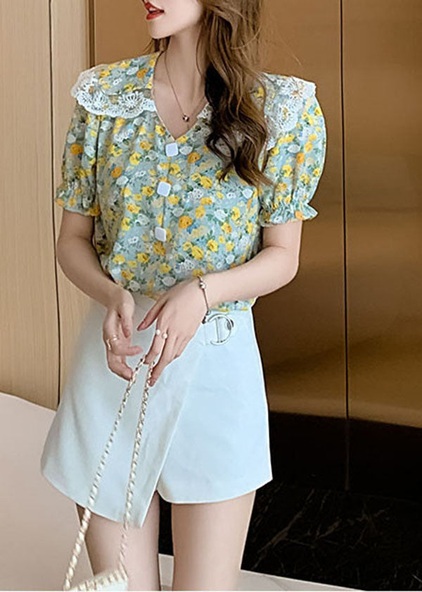 Natural Green Button Peter Pan Collar Lace Patchwork Chiffon Blouses Short Sleeve